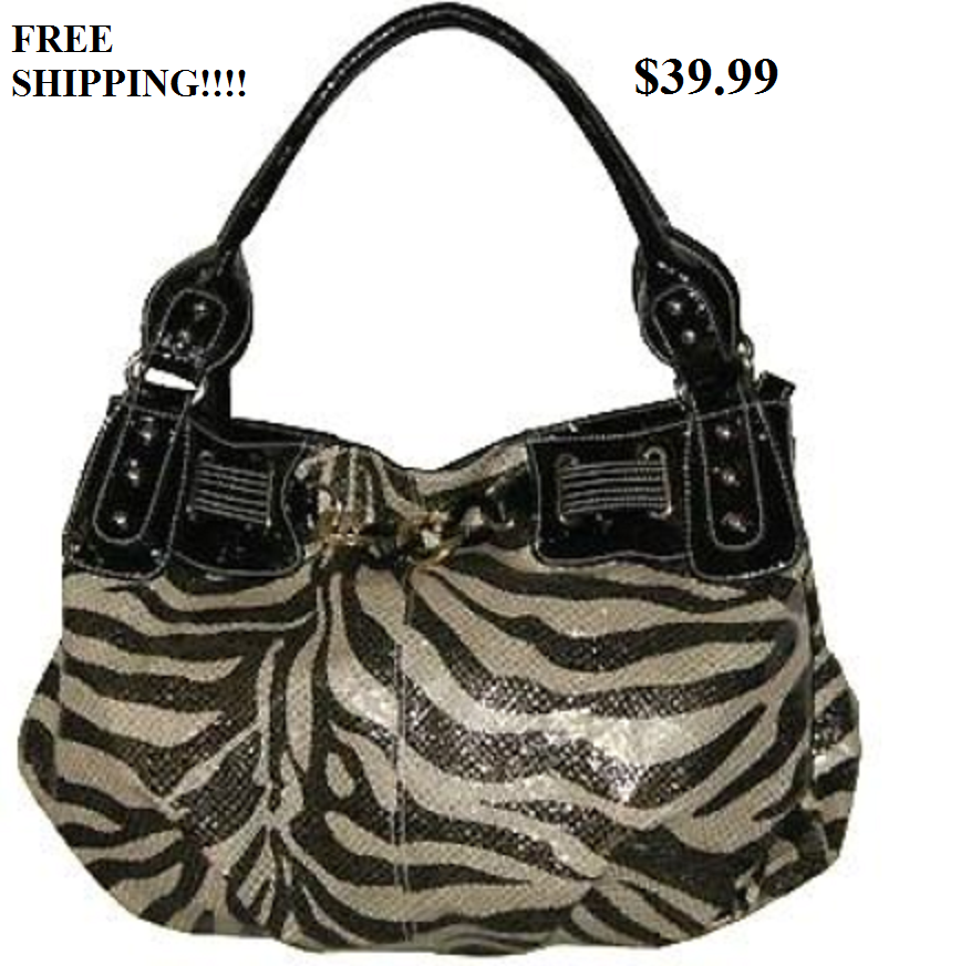 Designer Inspired Glitter Zebra Tote Handbag In Black Faux Leather-FREE SHIPPING